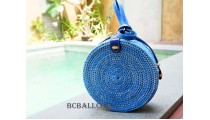 straw synthetic rattan circle bag blue color